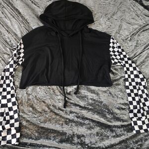 SHEIN Black Crop Hoodie with Checkered Sleeves